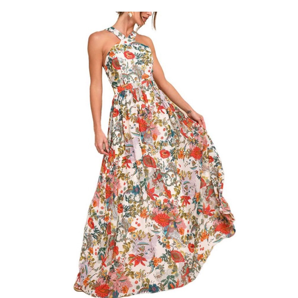 Lulu's Fairycore Floral Maxi Halter Dress  White Multicolor